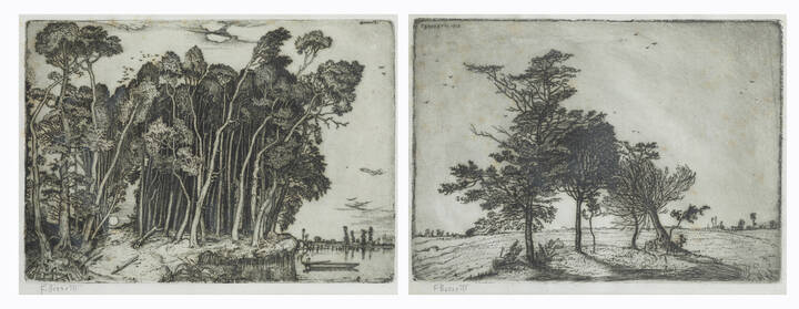 FRANCESCO (CINO) BOZZETTI - Coppia di acqueforti <br>A - 'Il bosco in riva al fiume' terza versione 1913<br>B - 'I tre alberi' 1913