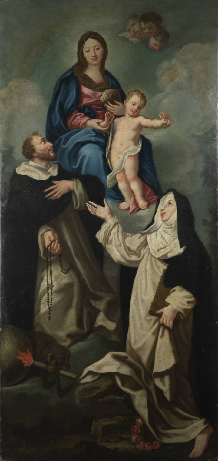 PITTORE ANONIMO - 'Madonna con Bambino con San Domenico e Santa Rosa'  fine XVII secolo