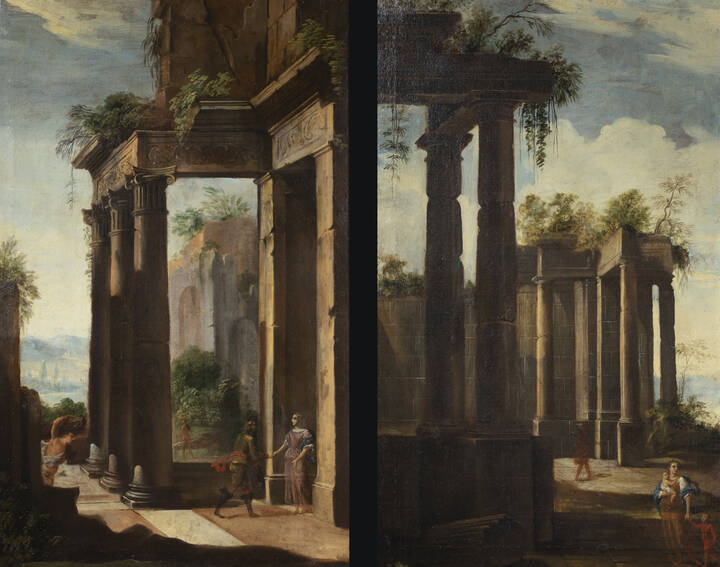 PITTORE ANONIMO DEL XVIII SECOLO - Coppia di 'Capricci con rovine'