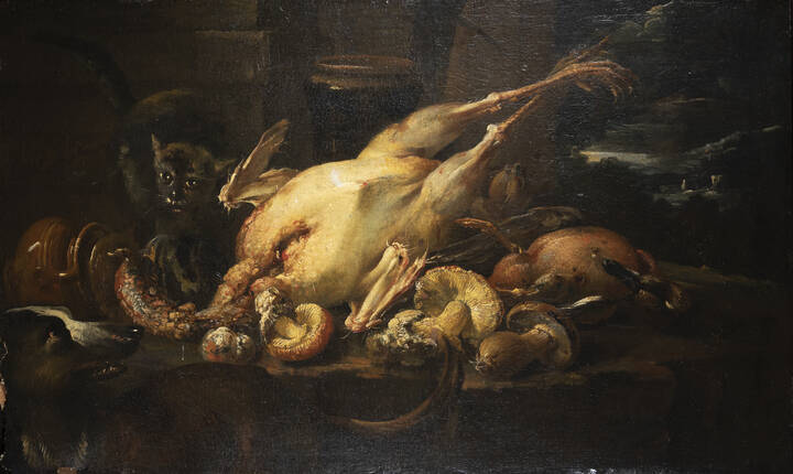 PITTORE ANONIMO DEL XVII SECOLO  - 'Natura in posa con pollo, gallo, funghi, segugio e gatto'