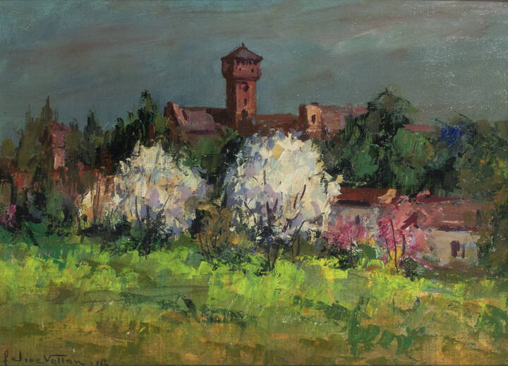 FELICE VELLAN - 'Ciliegi e peschi in primavera a Mazzè ( Caluso)' 1962