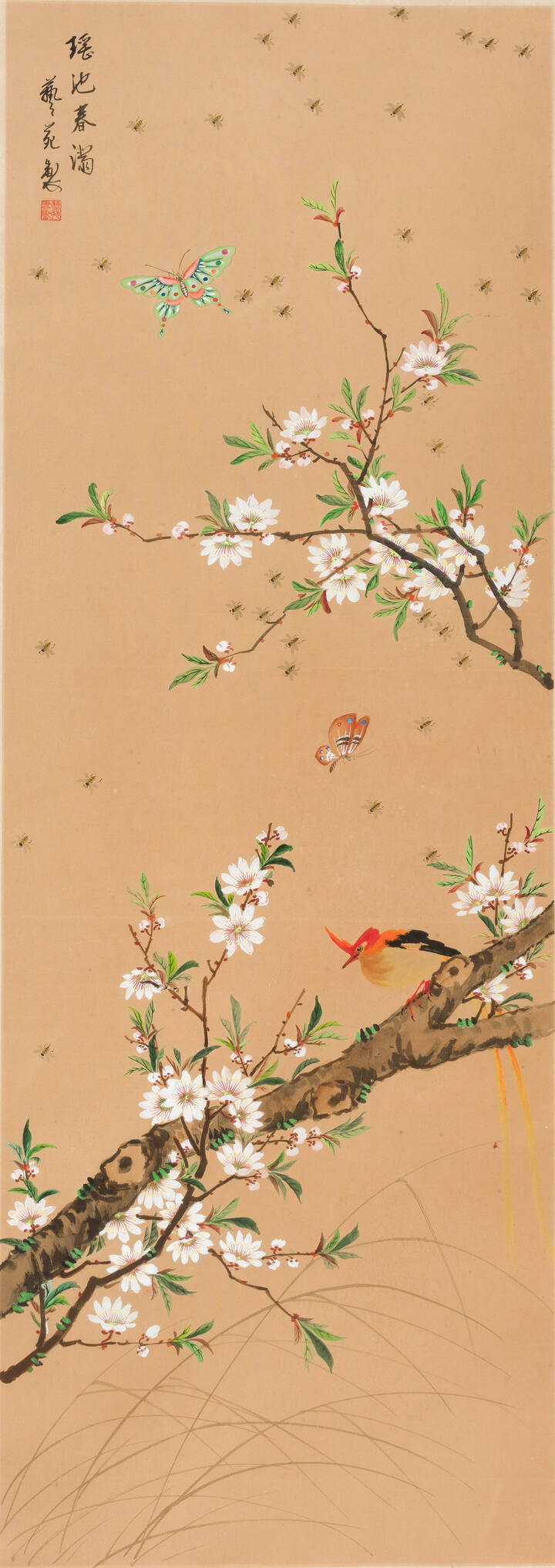 DIPINTO - Dipinto su seta con api, uccello e farfalle