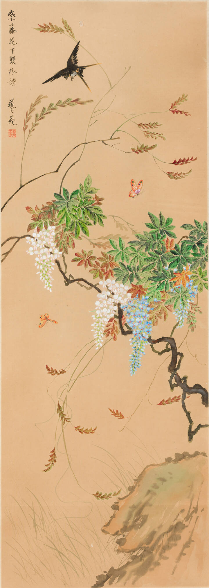 DIPINTO - Dipinto su seta con uccello e farfalle