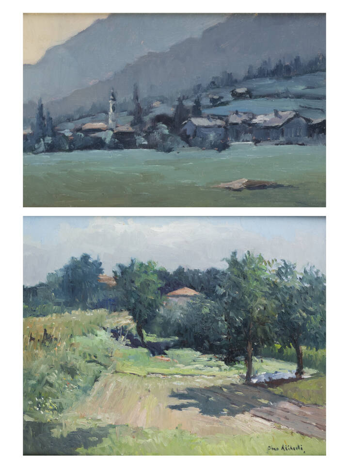 DINO ALIBERTI - Lotto di due quadretti<br>A-'Controluce a Issime'<br>B-'Presso Pino d'Asti' 9/6/88