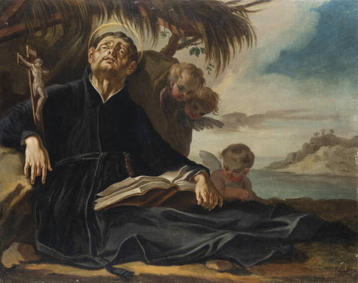 PITTORE ANONIMO - 'Santo in meditazione con angeli' XVIII secolo