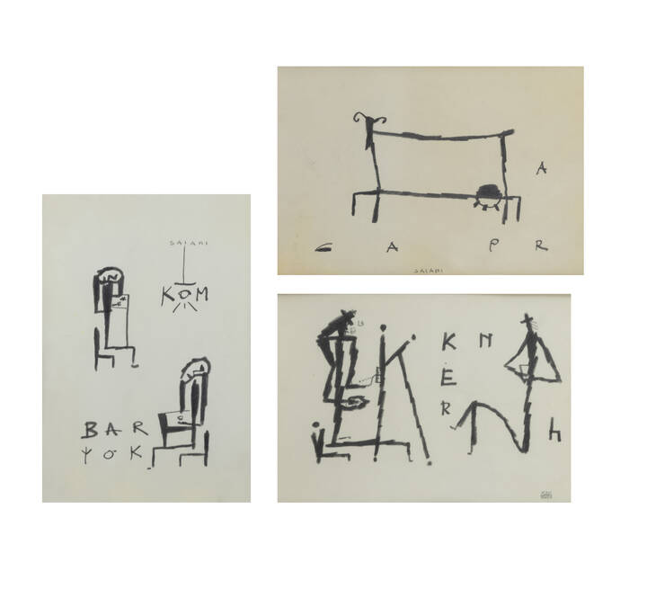 DIEGO SAIANI - Lotto di tre quadretti:<br>A) 'Bar'<br>B) 'Ker'<br>C) 'Capra'