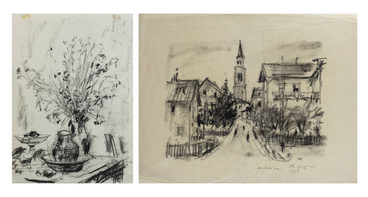 MASSIMO QUAGLINO - Lotto di due disegni:<br>A-'W. Cortina' 1950<br>B-'Vaso di fiori'