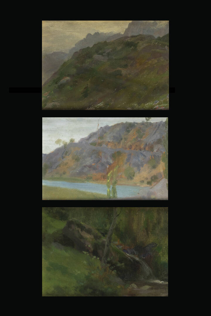 ORESTE PIZIO - Lotto di tre quadretti:<br>'Monti'<br>'Paesaggio'<br>'Cascata'