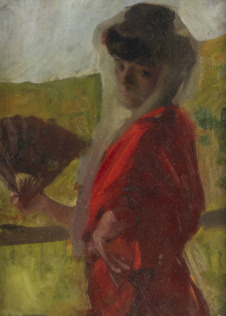 ORESTE PIZIO - 'La dama col ventaglio' al retro bozzetto di 'Paesaggio'