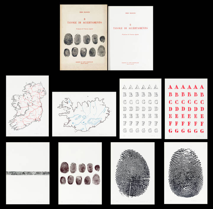 PIERO MANZONI - '8 tavole di accertamento', n. 26:<br>- 2 'Carte geografiche' 1959<br>- 2 'Alfabeti' 1958<br>-1 'Linea' 1959<br>-3 'Impronte' 1960