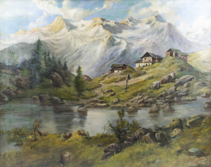 MARIO VIOLINI - 'Paesaggio montano con torrente e baite'