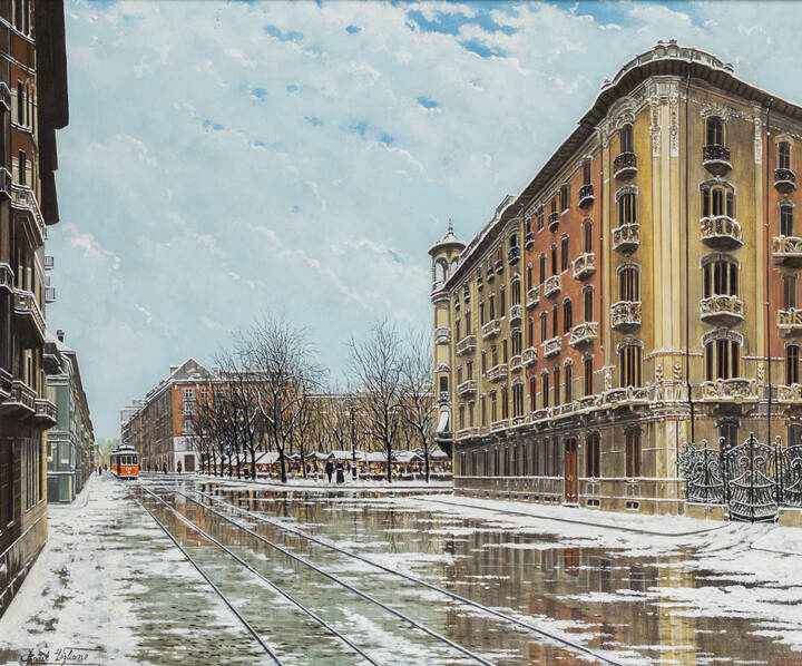 RAOUL VIGLIONE - 'Torino: via Duchessa Jolanda n. 17, e sullo sfondo Piazza Benefica sotto la neve' marzo 2003