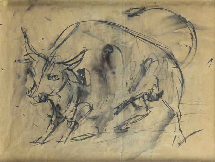 LUIGI SPAZZAPAN - A) 'Toro in attesa della corrida' 1945-46<br>B) al retro 'Il partigiano impiccato per i piedi' 1945-46