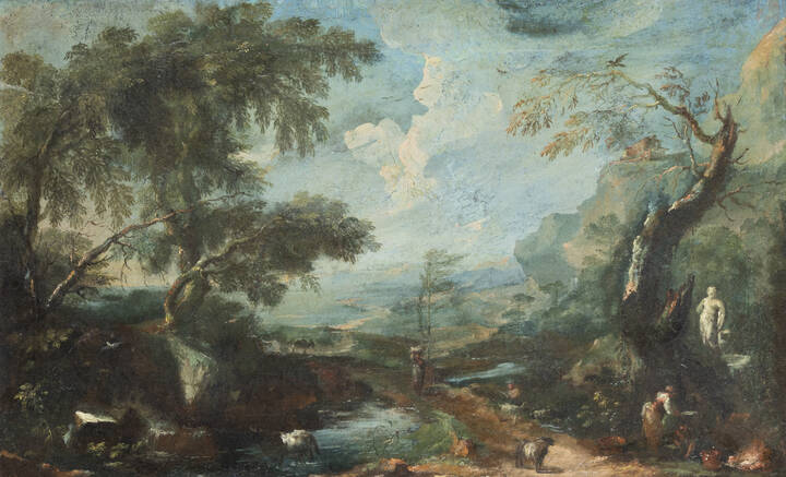 FLAMINIO GRAPINELLI - 'Paesaggio con figure ed animali' XVIII secolo