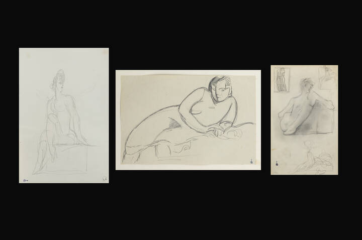 LIBERO ANDREOTTI - Lotto di tre disegni:<br>A) 'Studi per sculture'<br>B) 'Figura femminile (studio per scultura)'<br>C) ''Figura femminile (studio per scultura)'