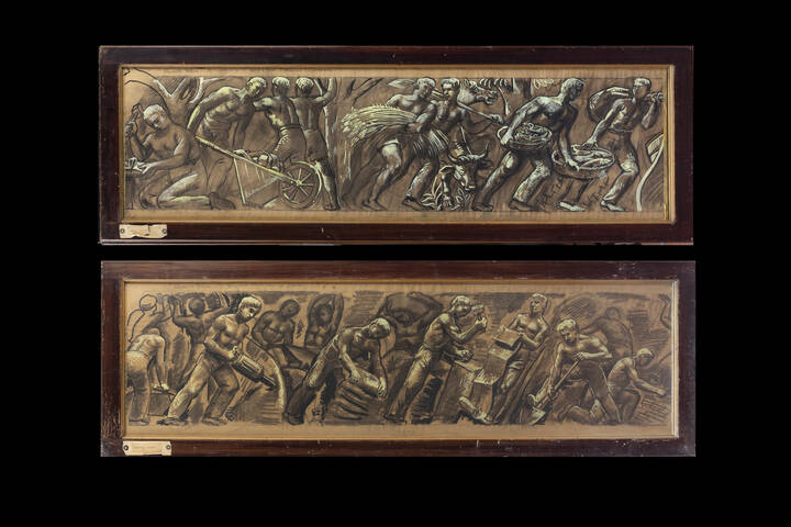 PITTORE ANONIMO - Studio per fregi composto da due lotti<br>A)'Il Progresso viene con il lavoro'<br>B)'La Natura è di Dio e noi dobbiamo rispettarla'