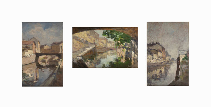 ACHILLE CATTANEO - Trittico raffigurante 'Vedute dei Navigli' 1916