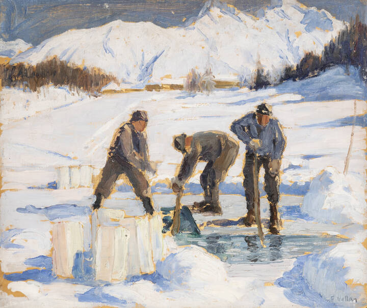 FELICE VELLAN - 'Tagliatori di ghiaccio sul lago' St. Moritz (Svizzera) 1928