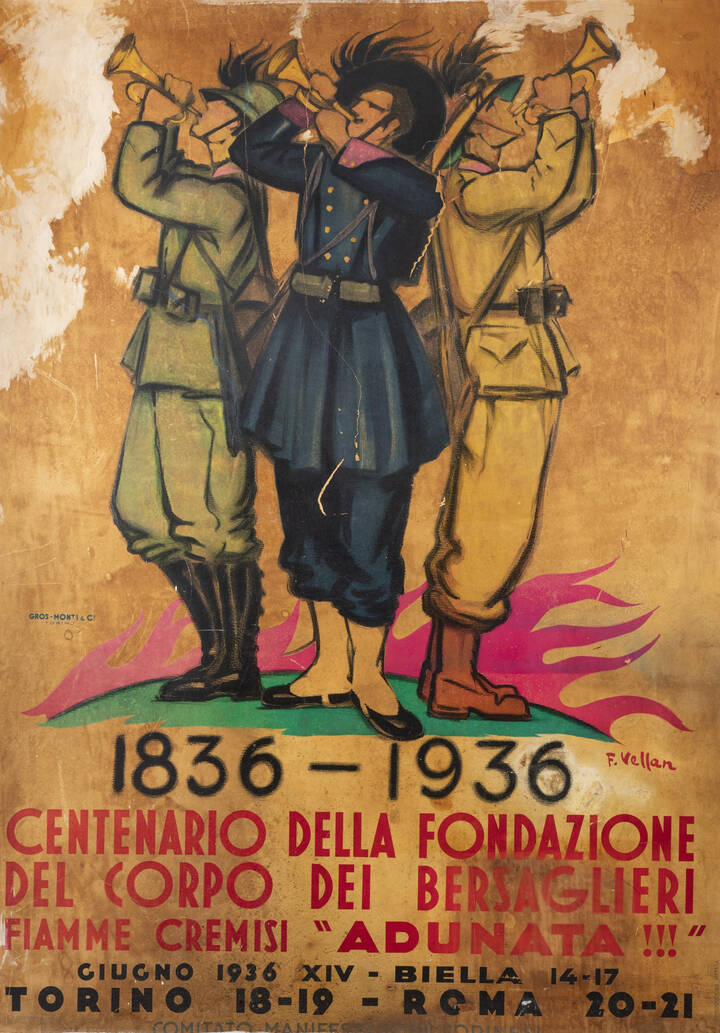 FELICE VELLAN - “1836-1936 Centenario della Fondazione del Corpo dei Bersaglieri. Fiamme Cremisi.<br>Adunata!!!” giugno 1936, XIV anno