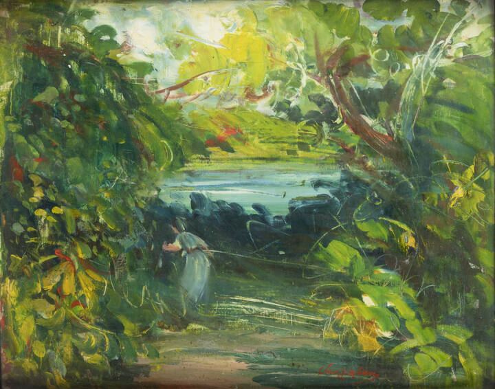 LUIGI SPAZZAPAN - 'Figura tra il verde con laghetto nello sfondo (Laghetto)' 1934