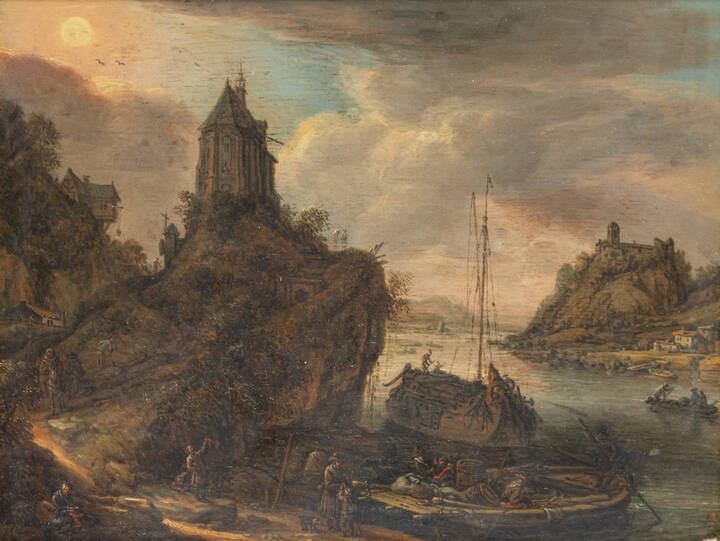 HEEREMANS THOMAS (AMBITO DI) - 'Paesaggio con barche e figure'