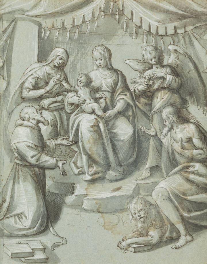 PITTORE ANONIMO - 'Adorazione con Sant'Anna, Angelo; San Gerolamo e santo'