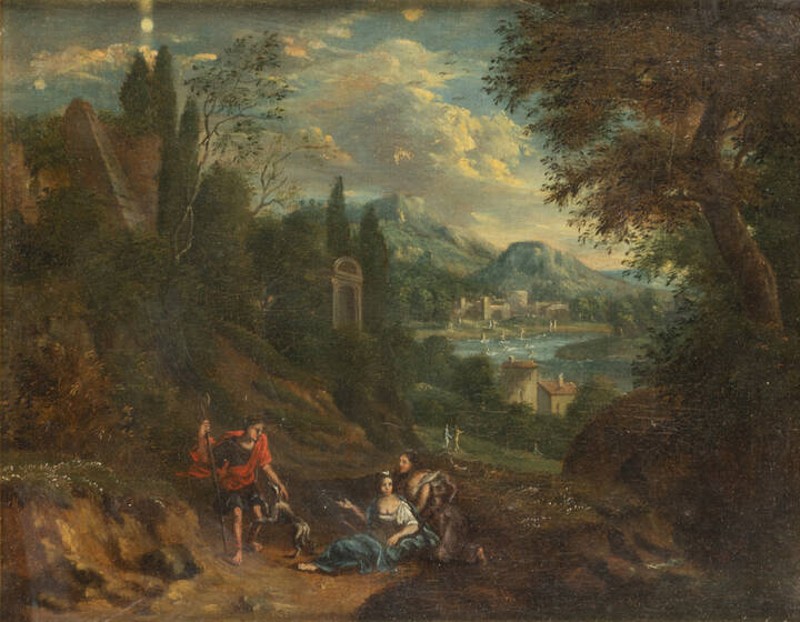 PITTORE ANONIMO - 'Paesaggio con fanciulle, viandante e cane' XVIII secolo