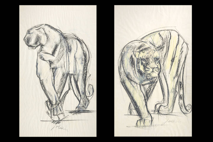 ETIENNETTE JOHAN - Lotto di due disegni rappresentanti:<br>A) 'Pantera'<br>B) 'Tigre'