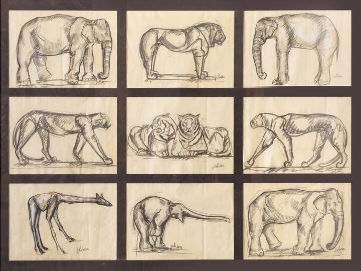 ETIENNETTE JOHAN - Lotto di 9 disegni 'Animals'