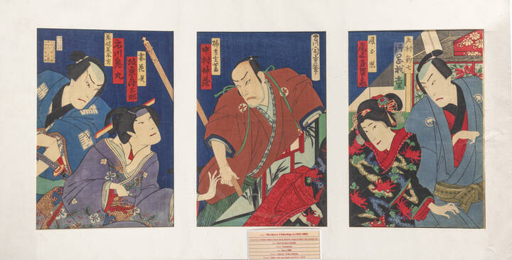 CHIKASHIGE MORIKAWA - 'Gli attori Ichikawa Kimaru, Bando Mitsutaro, Nakamura Shikan, Onoe, Kataoka Gato', 1880 circa