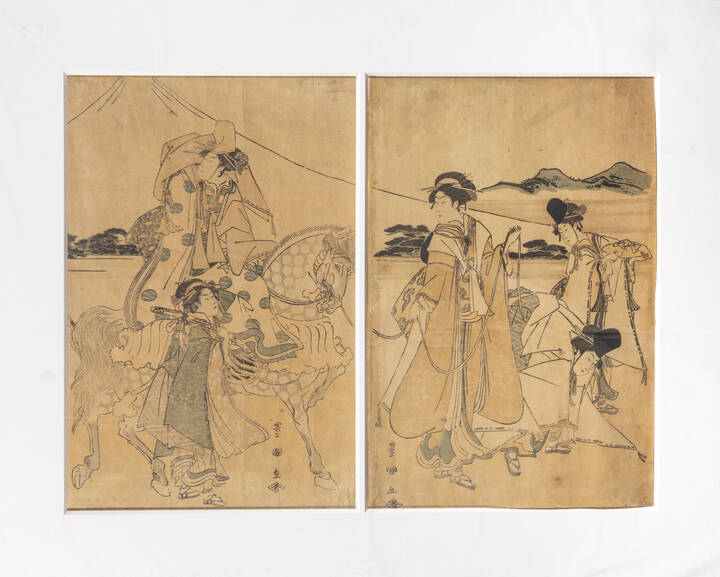 TOYOKUNI UTAGAWA - Stampa trittico con cinque figure femminili