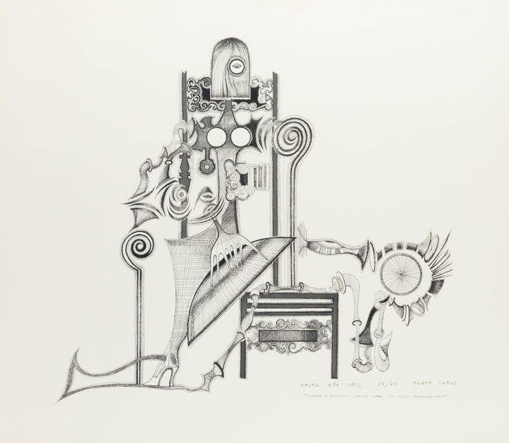 PONTE CORVO (Raffaele Pontecorvo) - 'Signora a monocolo seduta sopra un seggio rinascimentale' 1972