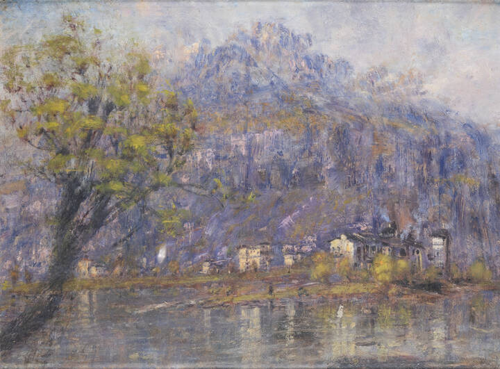 GIUSEPPE ANGELICO DALLABRIDA - 'Mezzocorona con sullo sfondo il Monte, colto dalla riva del Noce, versante Mezzolombardo'