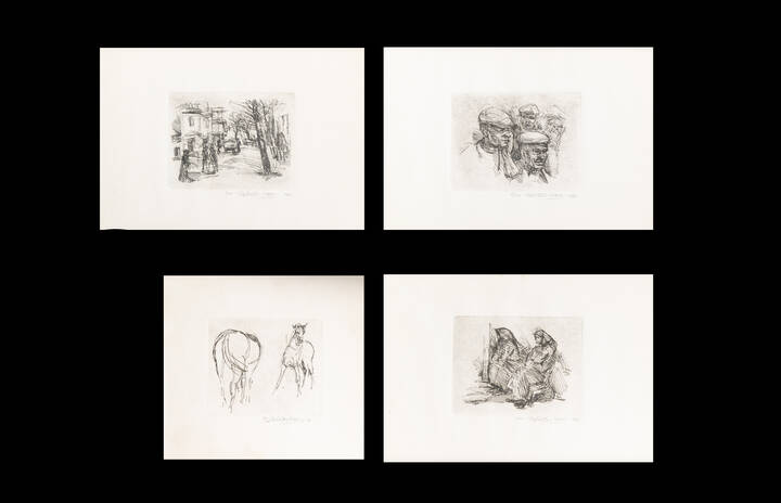 MASSIMO QUAGLINO - Lotto di quattro incisioni:<br>A) 'Le comari'<br>B) 'Cavalli'<br>C) 'Paesaggio urbano'<br>D) 'Figure'