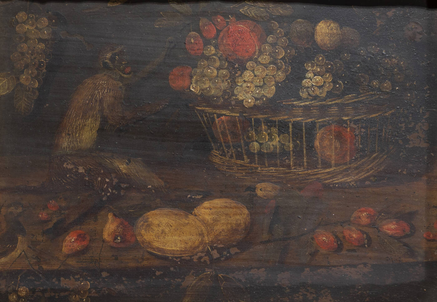 PITTORE ANONIMO - 'Natura morta con cesto di frutta e scimmietta' XVII secolo