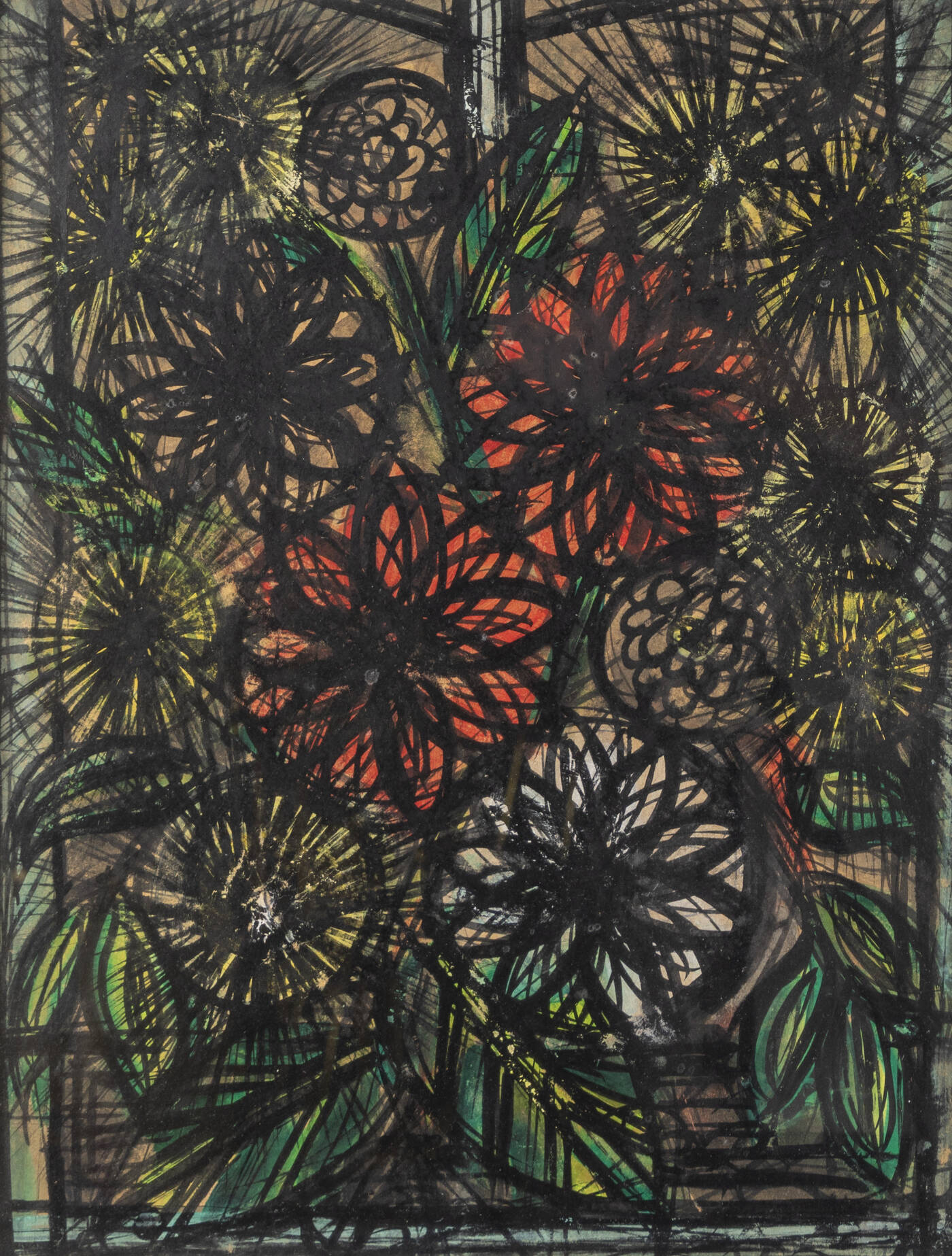 LUIGI SPAZZAPAN - 'Zinnie e foglie, composizione, 2° versione', 1948