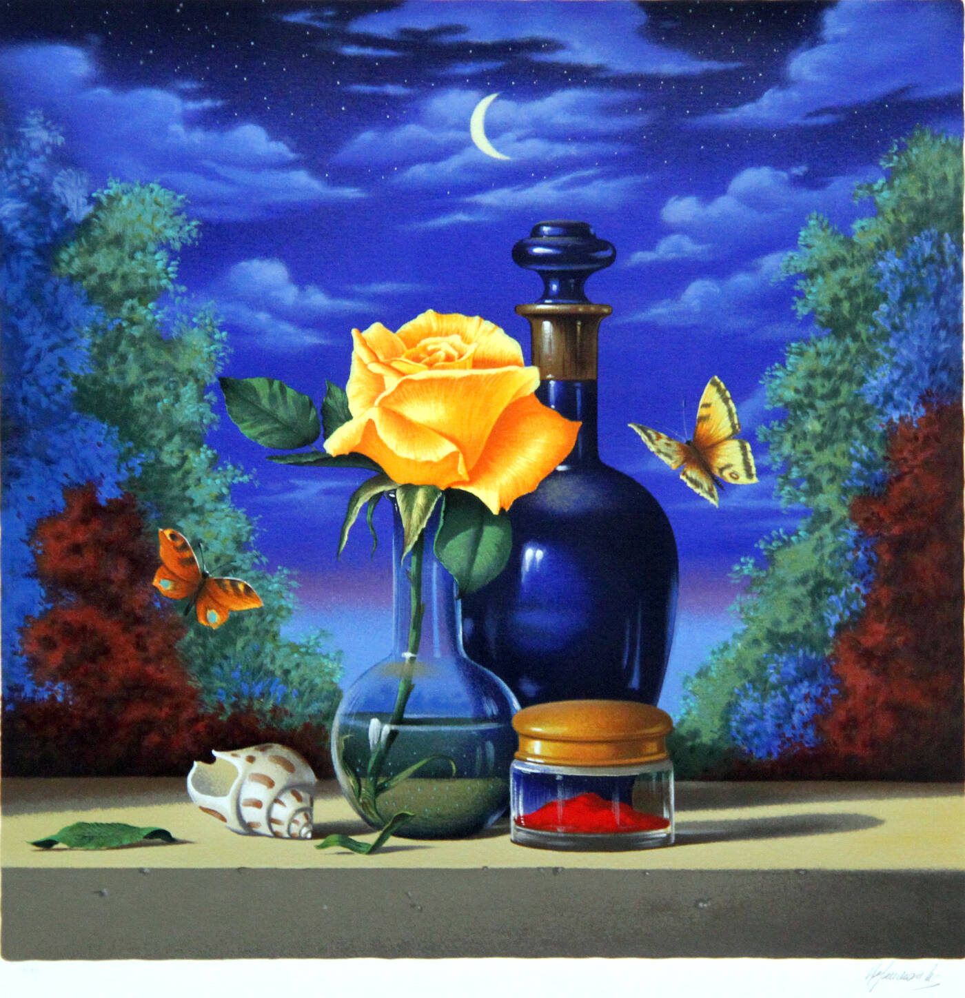 ANTONIO NUNZIANTE - 'Natura morta con rosa, bottiglie e farfalle sotto la luna'
