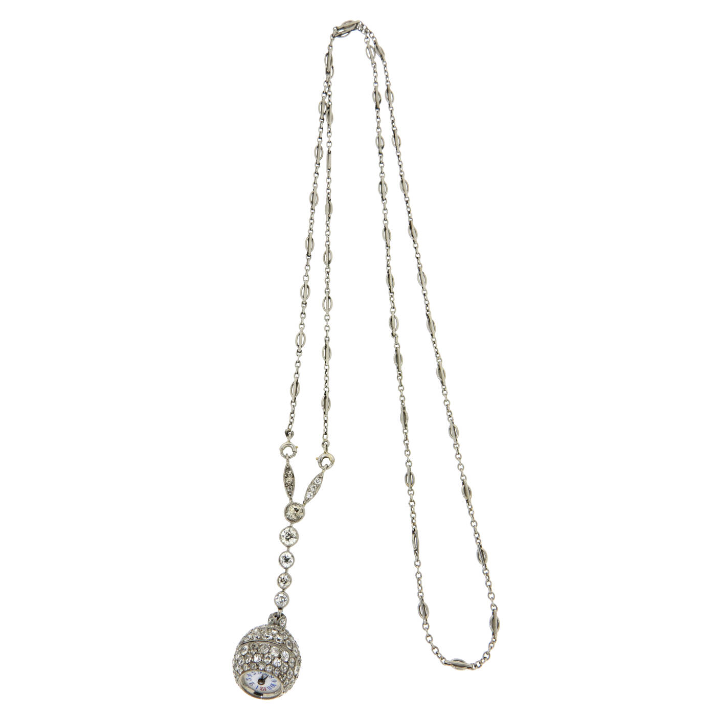 COLLANA - Collana in oro bianco terminante con orologio a mina con diamanti taglio brillante di vecchio taglio per complessivi ct 3,0 ca