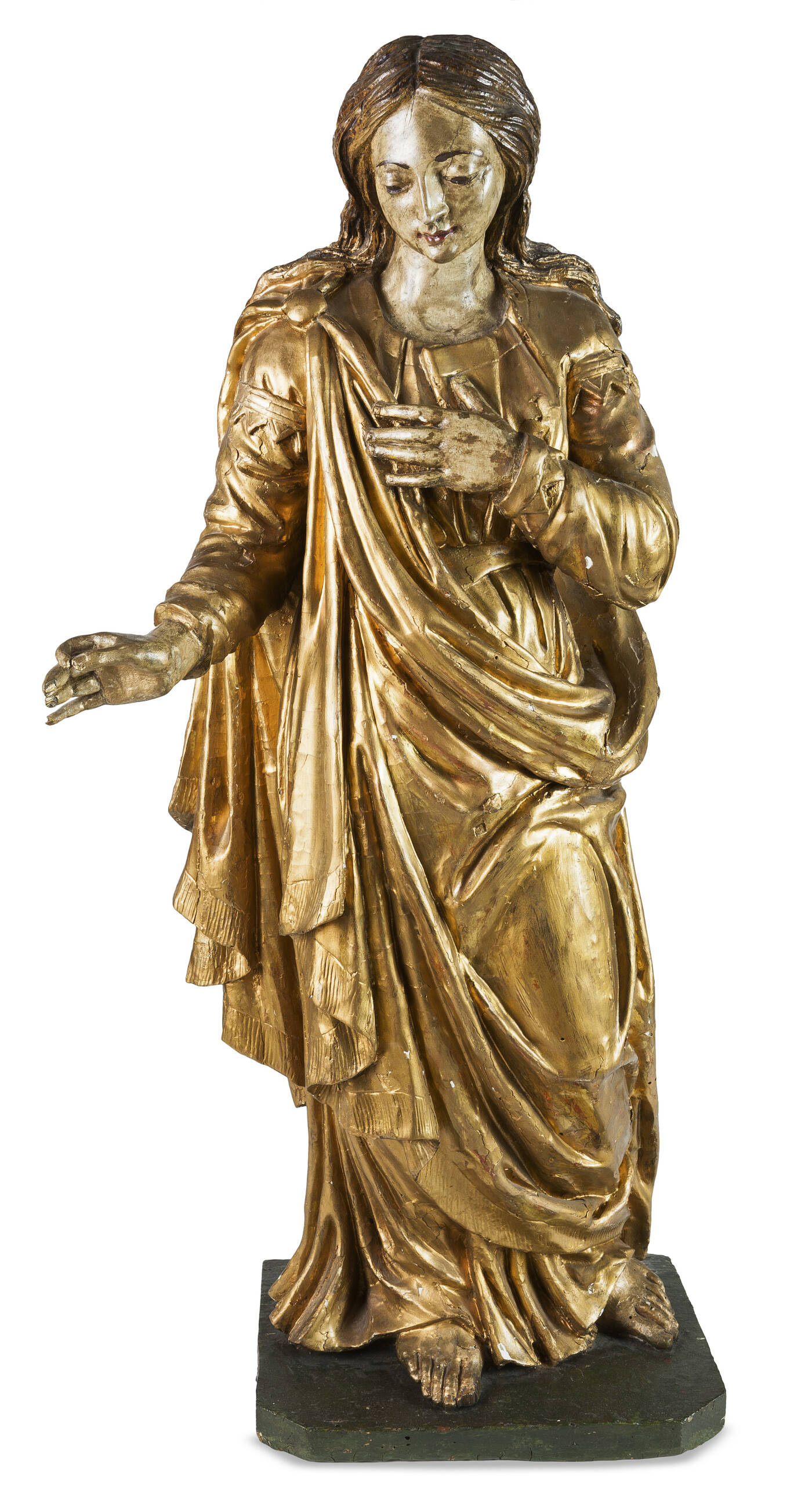 STATUA LIGNEA - Statua in legno dorato e laccato, XVIII secolo, raffigurante una santa. Ridorata