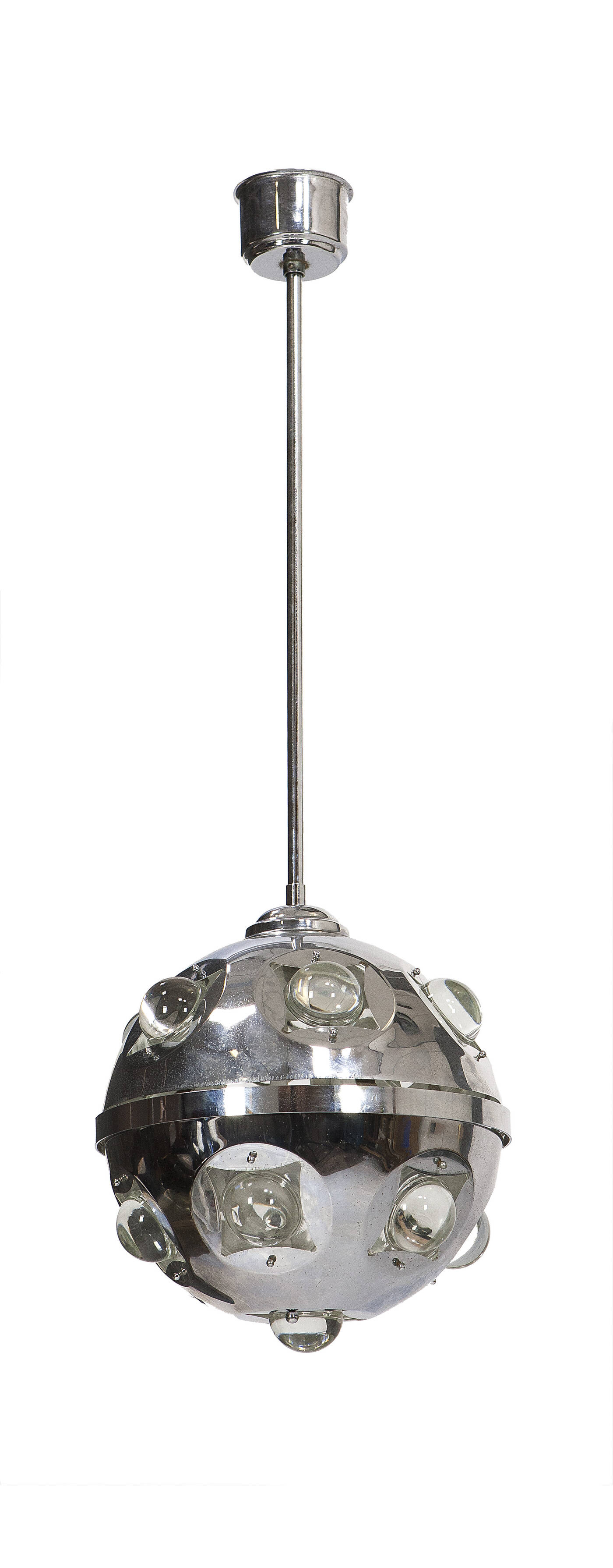 OSCAR TORLASCO - Lampada a sospensione in ottone cromato e vetro molato.