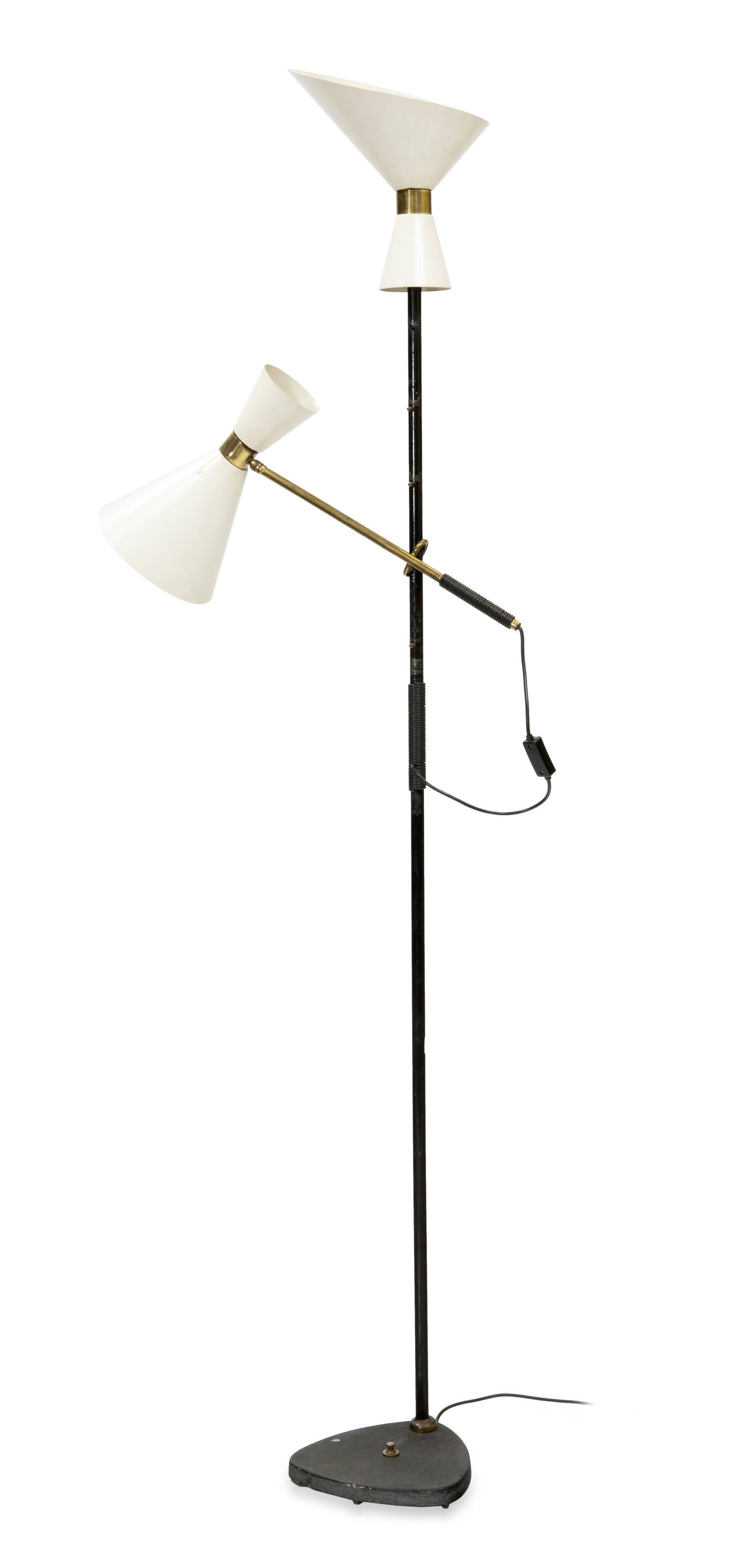 JULIUS THEODOR KALMAR - Pelikan<br>Lampada da terra in ottone, metallo verniciato e alluminio verniciato.