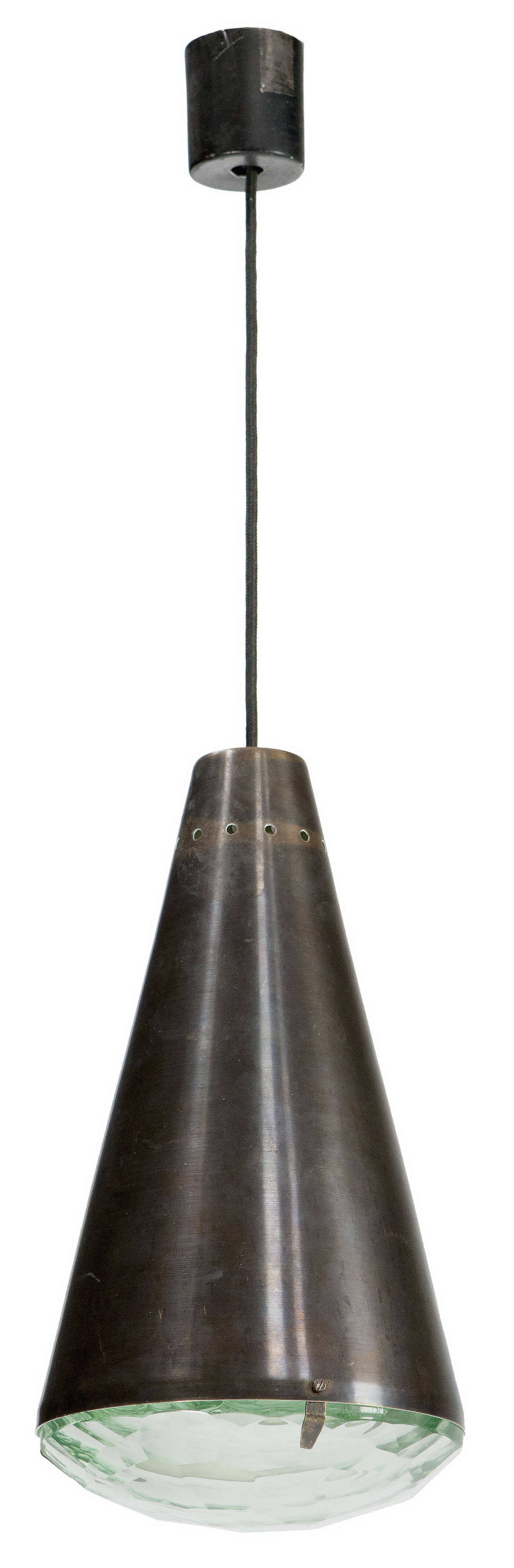 MAX INGRAND - Mod. 1995<br>Lampada a sospensione in ottone ossidato e cristallo gemmato.