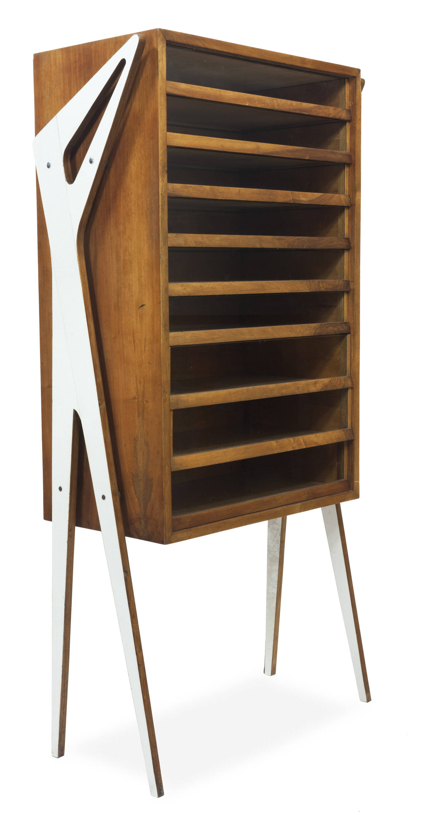 PRODUZIONE ITALIANA - Mobile in legno di noce, vetro e formica bianca. Nello stile di Ico Parisi.