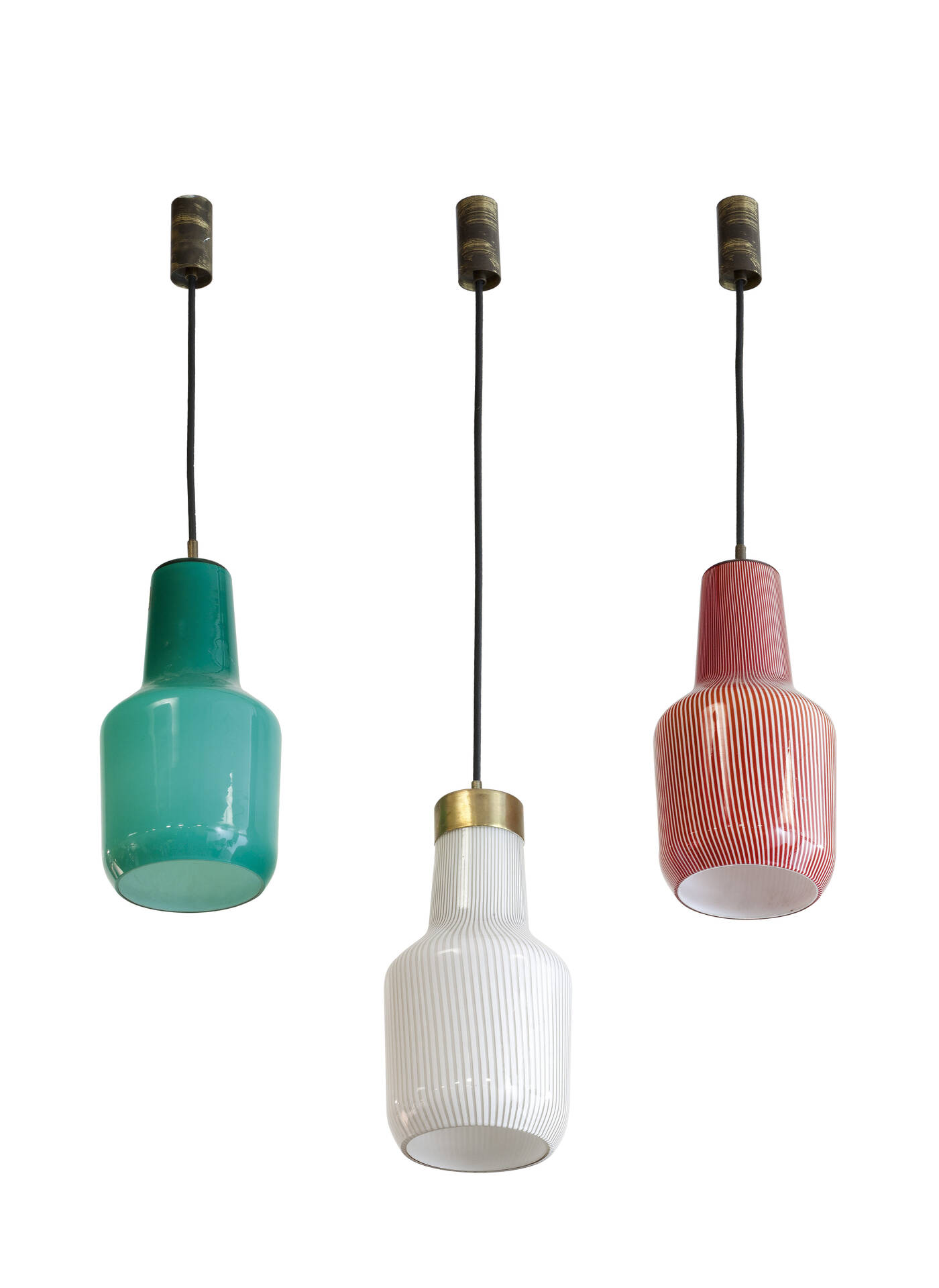 MASSIMO VIGNELLI - Tre lampade a sospensione in vetro di Murano lavorato a canne.