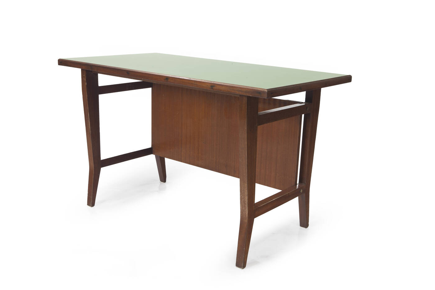 GIO PONTI - Scrivania in legno di mogano con piano in formica grigia.