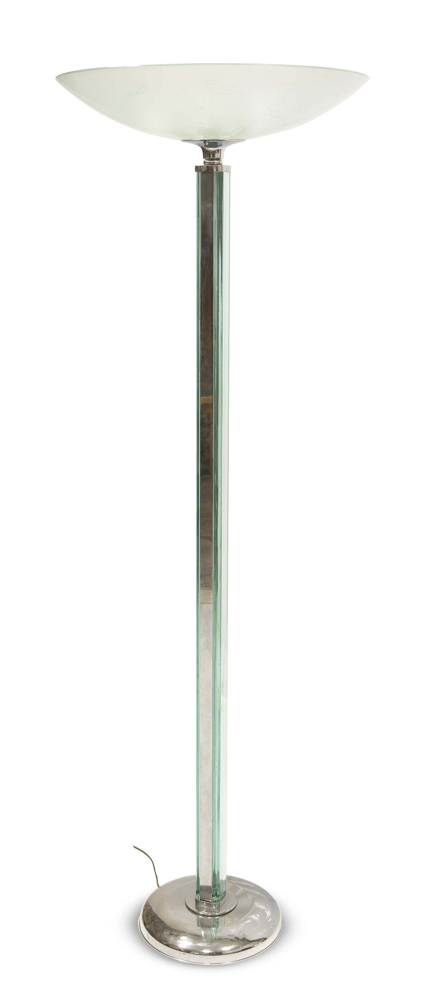 FONTANA ARTE - Lampada da terra con stelo costituito da lastre in cristallo, struttura in metallo cromato.