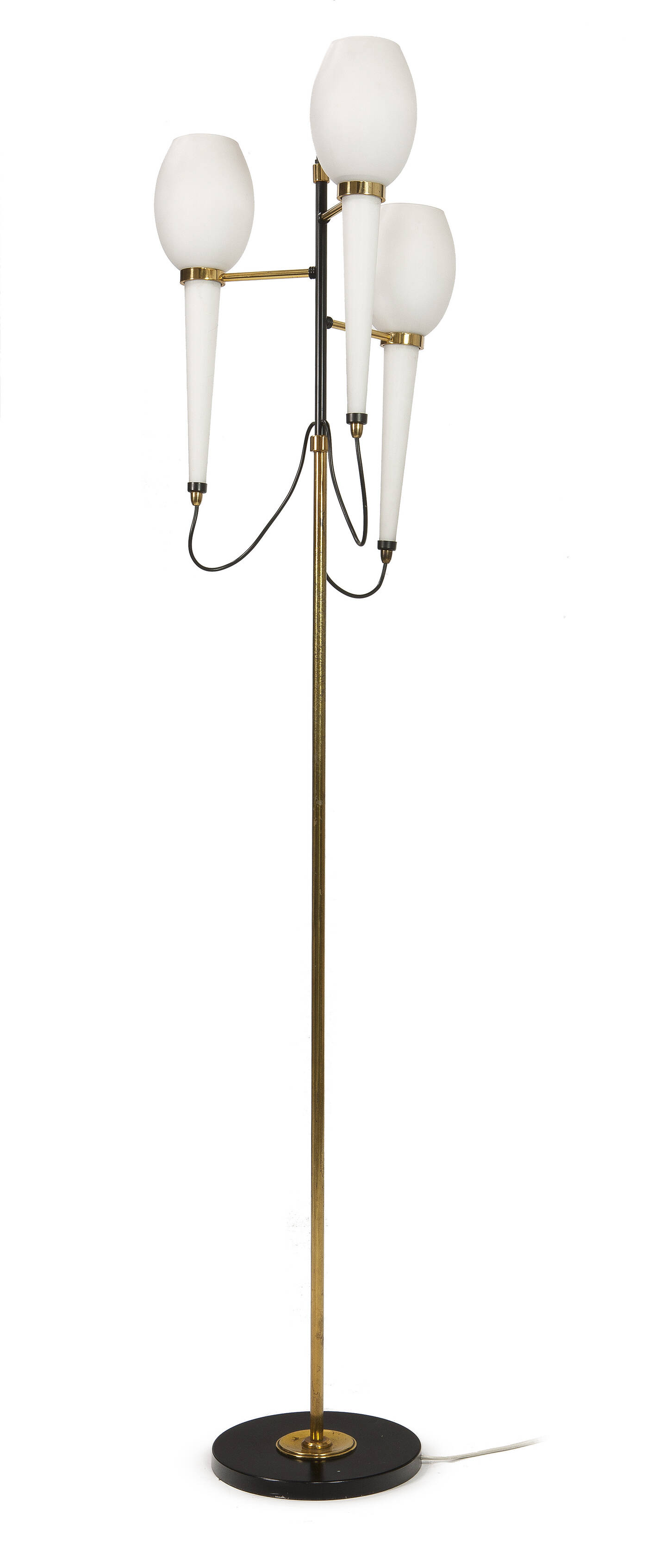 STILNOVO - Lampada da terra con struttura in metallo laccato e ottone, diffusori in vetro soffiato e satinato.