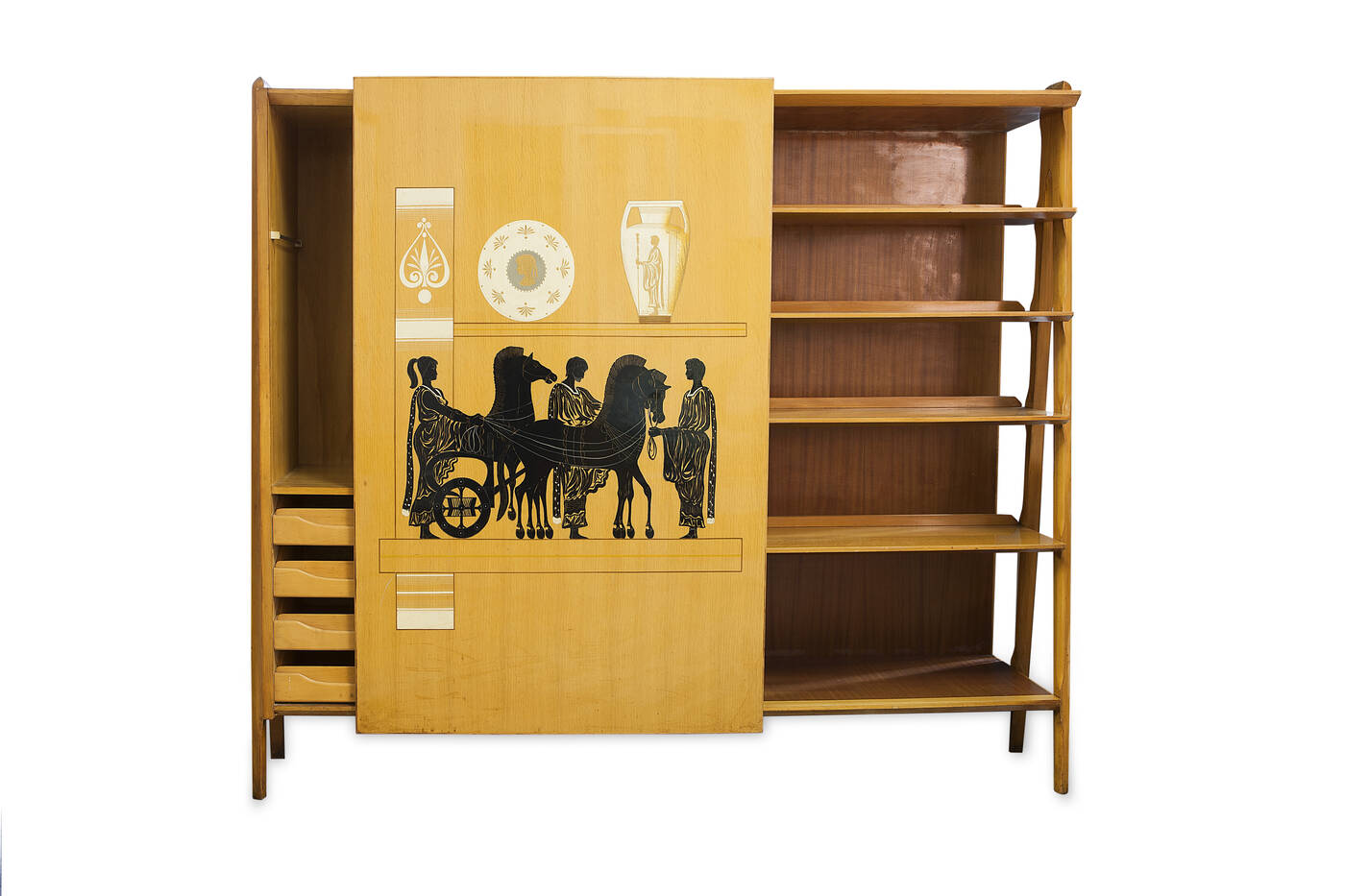 PRODUZIONE ITALIANA - Libreria a due campate con pannello scorrevole decorato a motivi neoclassici.<br>