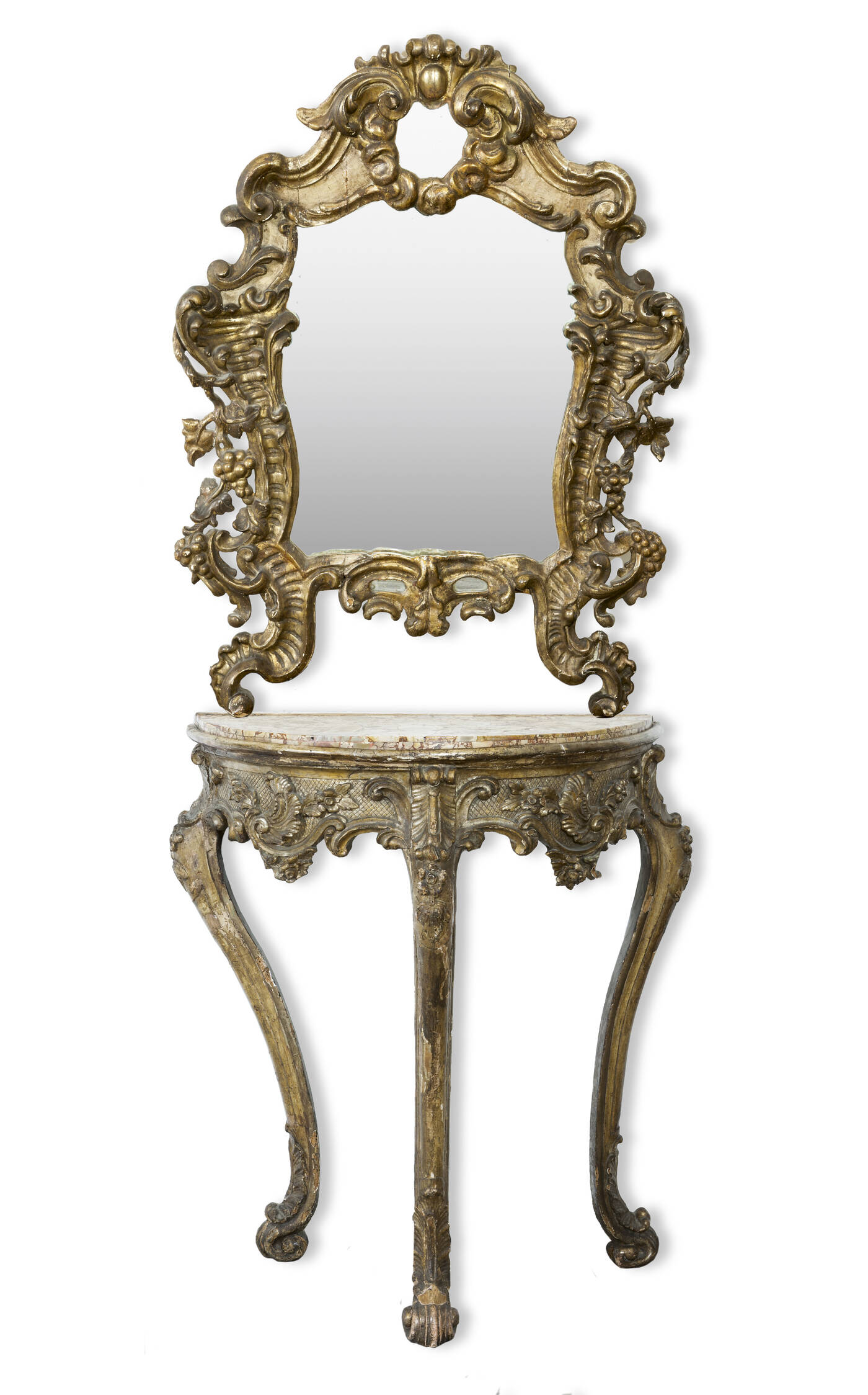 CONSOLE CON SPECCHIERA - XVIII sec., in legno scolpito e dorato, a motivi vegetali.