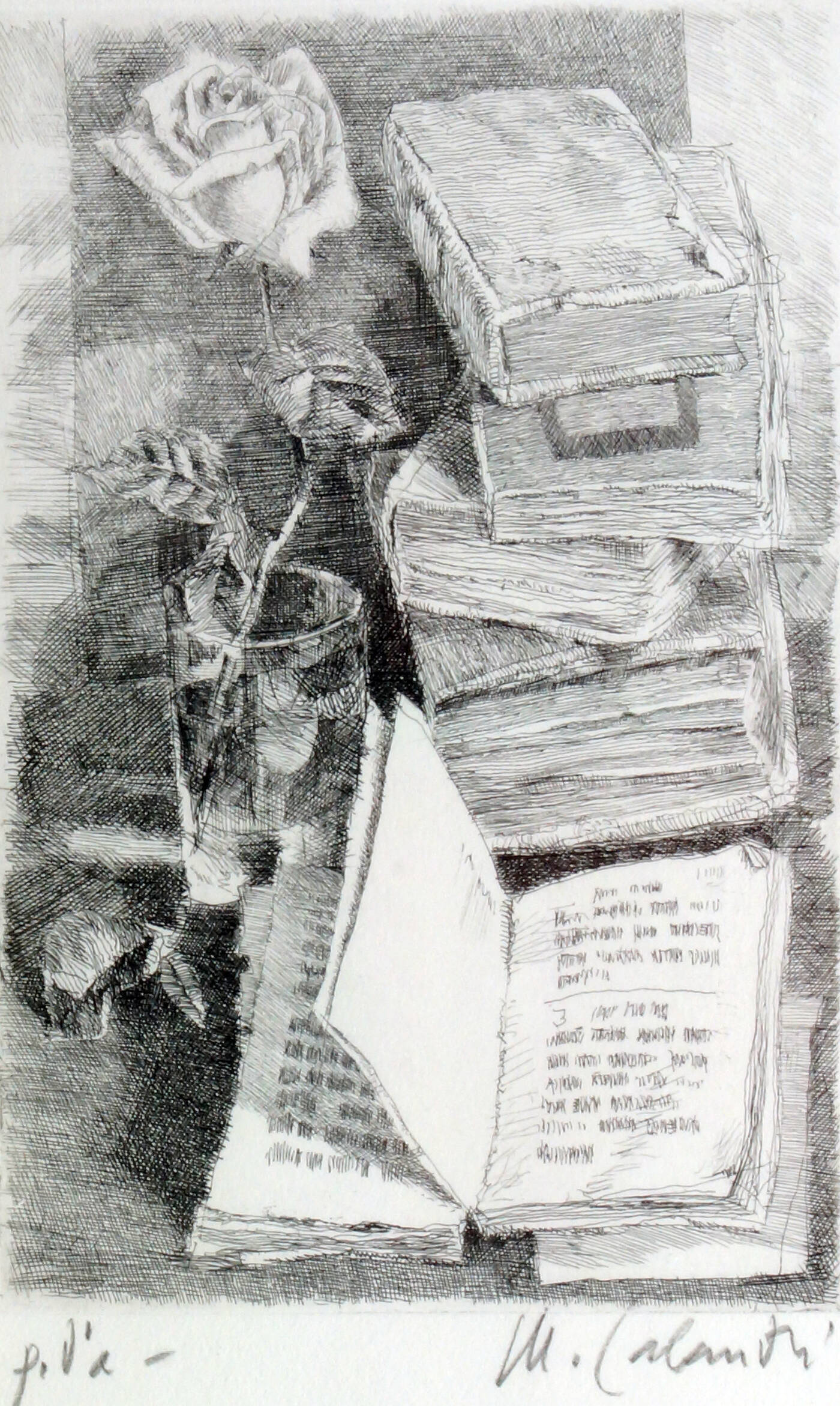 MARIO CALANDRI - 'Senza titolo (libri e rosa)' 1981